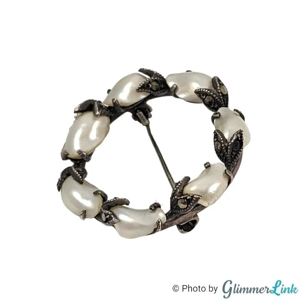 Vintage 925 Sterling Silver Faux Baroque Pearl Tulip Wreath Brooch Pin